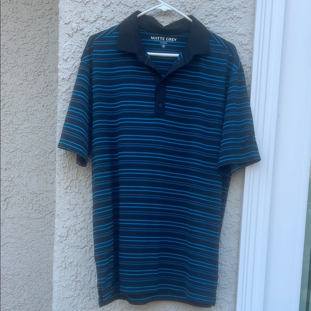 Matte Grey Men's Black Blue Stripe Short Sleeve Polo Golf Shirt Size L